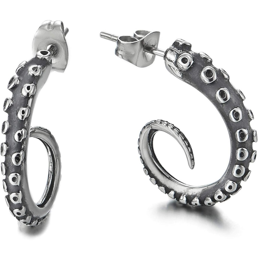Vintage Style Earrings With Octopus Tentacle|Unisex Marine Animal Hoop Earrings